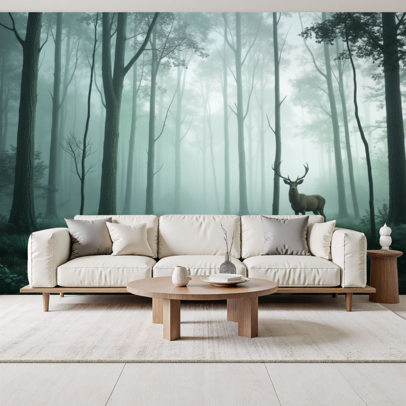 Papier peint auto-adhésif Misty Forest Landscape Deer Tall Trees Serene Fog, L 96 po x l 69 po