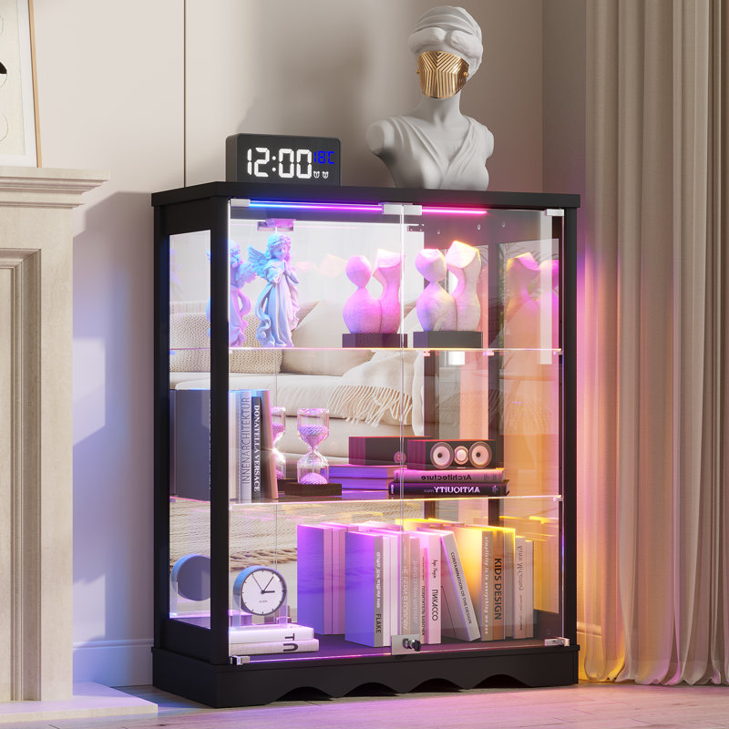 Vitrine en verre 31 po à 3 niveaux avec lumières RVB et capteur de corps humain, Noir