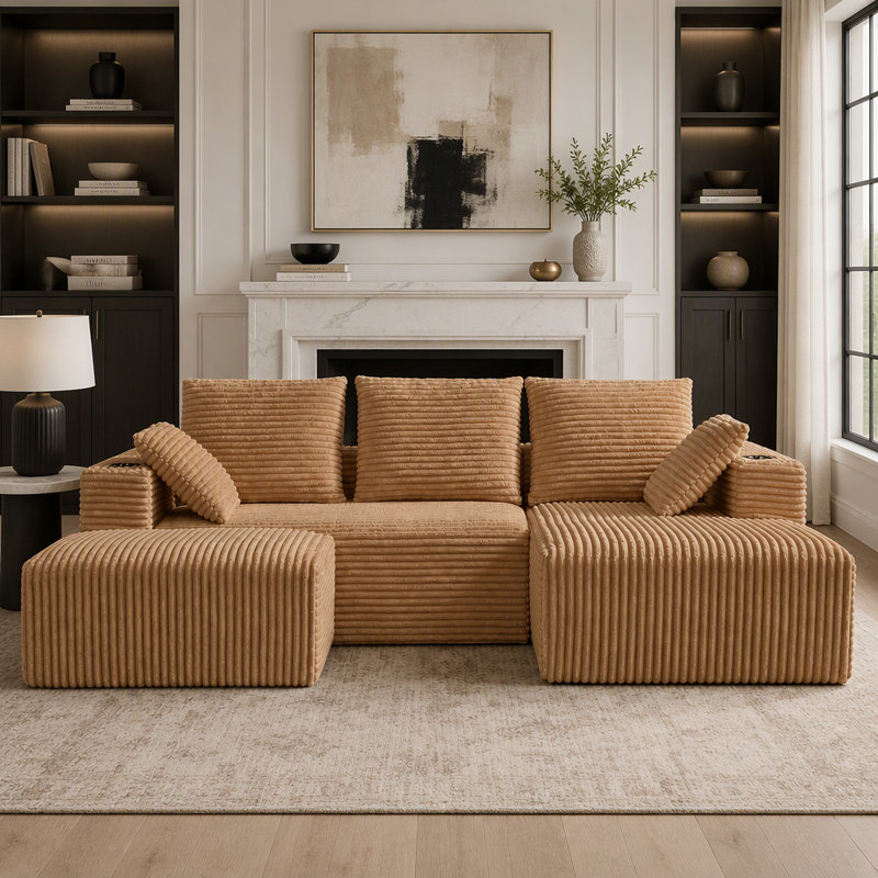 Canapé modulaire de 95 pouces avec repose-pieds en L et repose-pieds, Right Hand Facing, Brown Corduroy