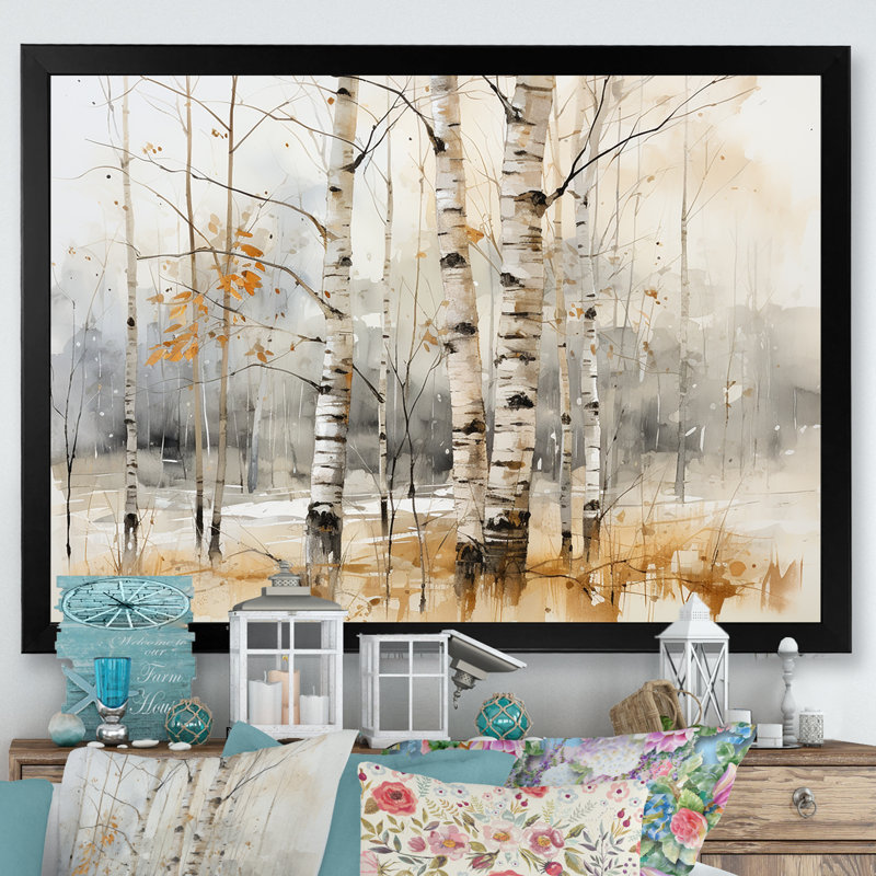 «Winter Birch Wood Forest I - Tree Birch», art mural, Cadre d'angle fermé noir, H 34 po x l 44 po x P 1,5 po
