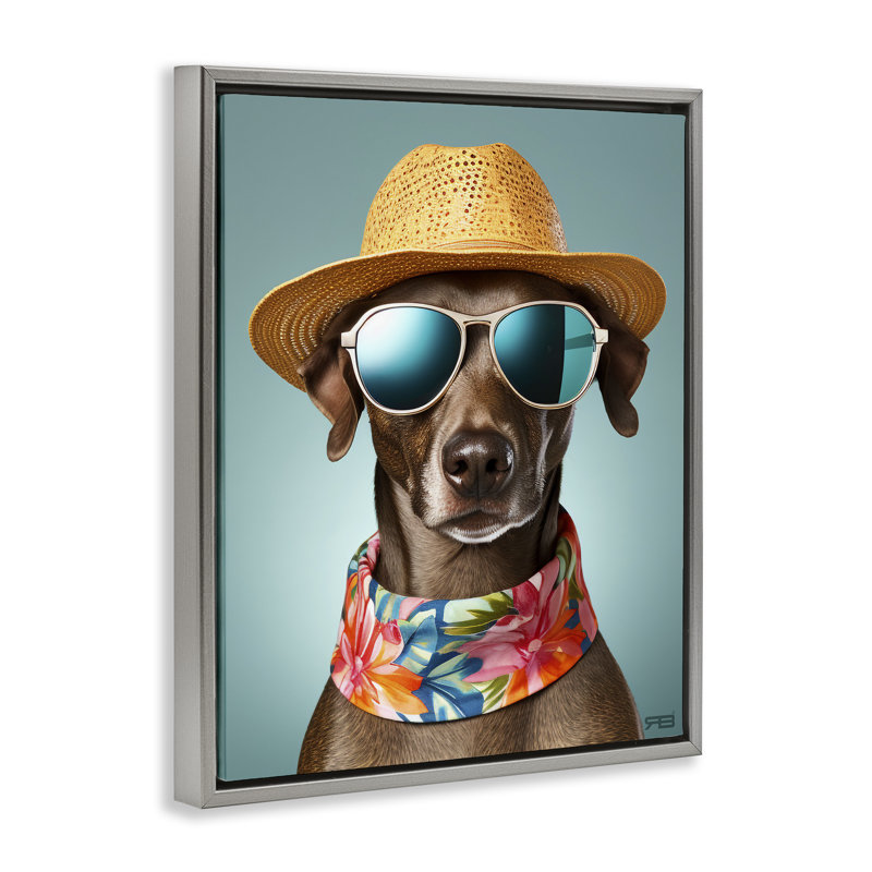 "Beach Ready Pup", art mural encadré par Roozbeh Bahramali, Cadre flottant gris lustré, H 21 po x l 17 po