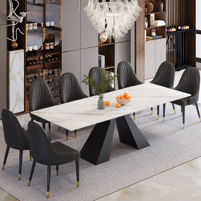 Raliect Dining Table Set for 8-10 With 63'' to 94.5” Extendable Sintered Stone Table and 8 Faux Leather Chairs, Black