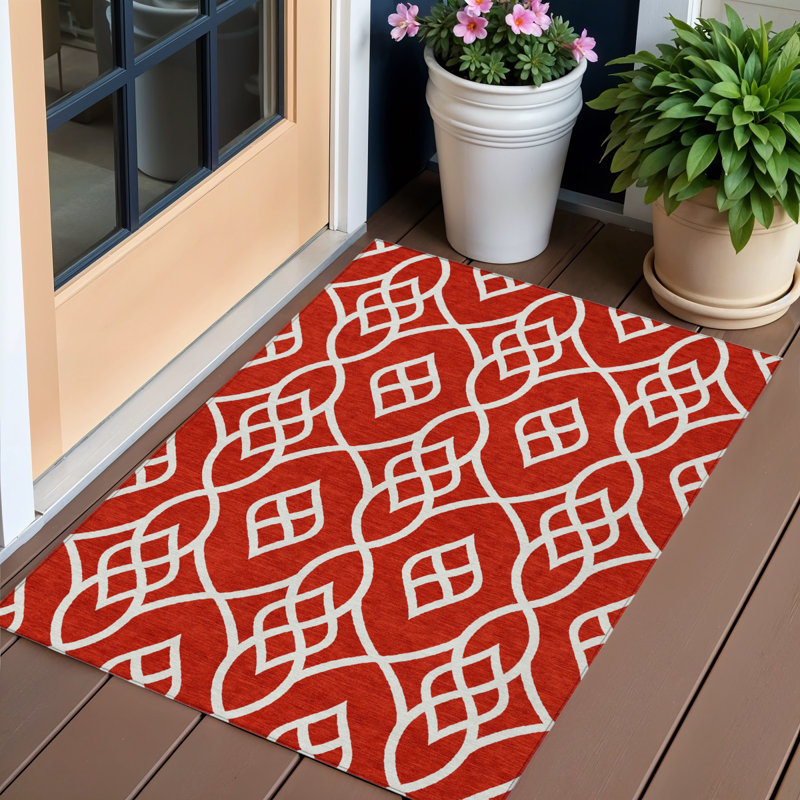 Tapis extérieur lavable à motif de treillis rouge et ivoire 3 pi x 5 pi