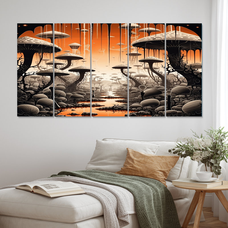 Illustration de forêt enchantée de champignon magique - impression d'art mural champignon - 5 panneaux égaux