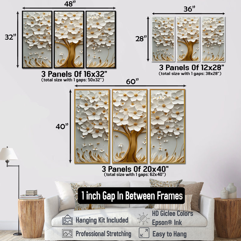 «White Basswood Blossoms Tree I», ensemble de reproductions d'art mural cerisier en fleurs, Toile avec cadre flottant brun
