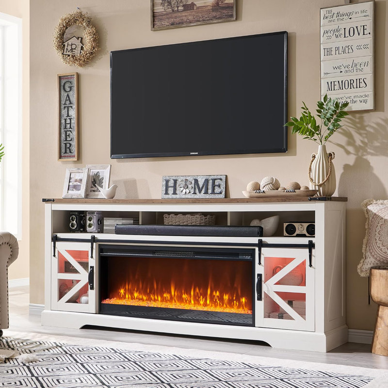 Taye 2-Cabinet TV Stand Fireplace, Antique White
