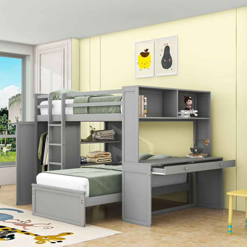 Lit mezzanine multifonctionnel en bois avec lit simple supplémentaire, armoire, bureau, tablettes et tiroirs, Double, Gris