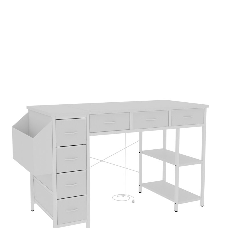 Bureau 47 po avec prise de courant et 7 tiroirs de rangement contemporains, tissu de table de meuble-lavabo rectangulaire blanc moderne pour chambre à coucher
