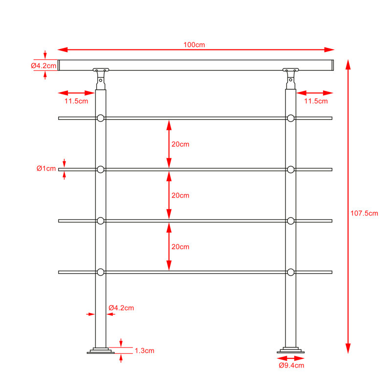 Stair Railing with 4 Struts, 107cm H x 100cm W