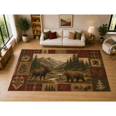 "Ultra Light Weight" Large 6'7" x 9'10" Moose Bear Forest Decor, Living Room, Bedroom, Dining Room, Office, Family Room, Soft Low Pile Indoor Rug, Non-Slip Silicone Backing, Brown