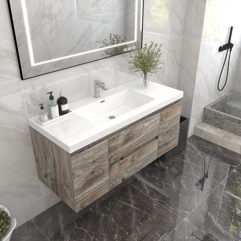 Seoul 48 " W Wall Mounted Wall Mounted 1 Single Vanity Bathroom Vanity With Acrylic Top, Natural Wood