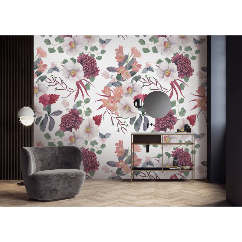 Papier peint amovible aquarelle avec bouquet de fleurs exotiques, L 9 po x l 15 po