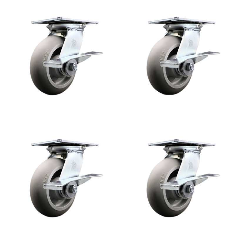 6 Inch Heavy Duty Thermoplastic Caster Set with Roller Bearings and Brakes SCC