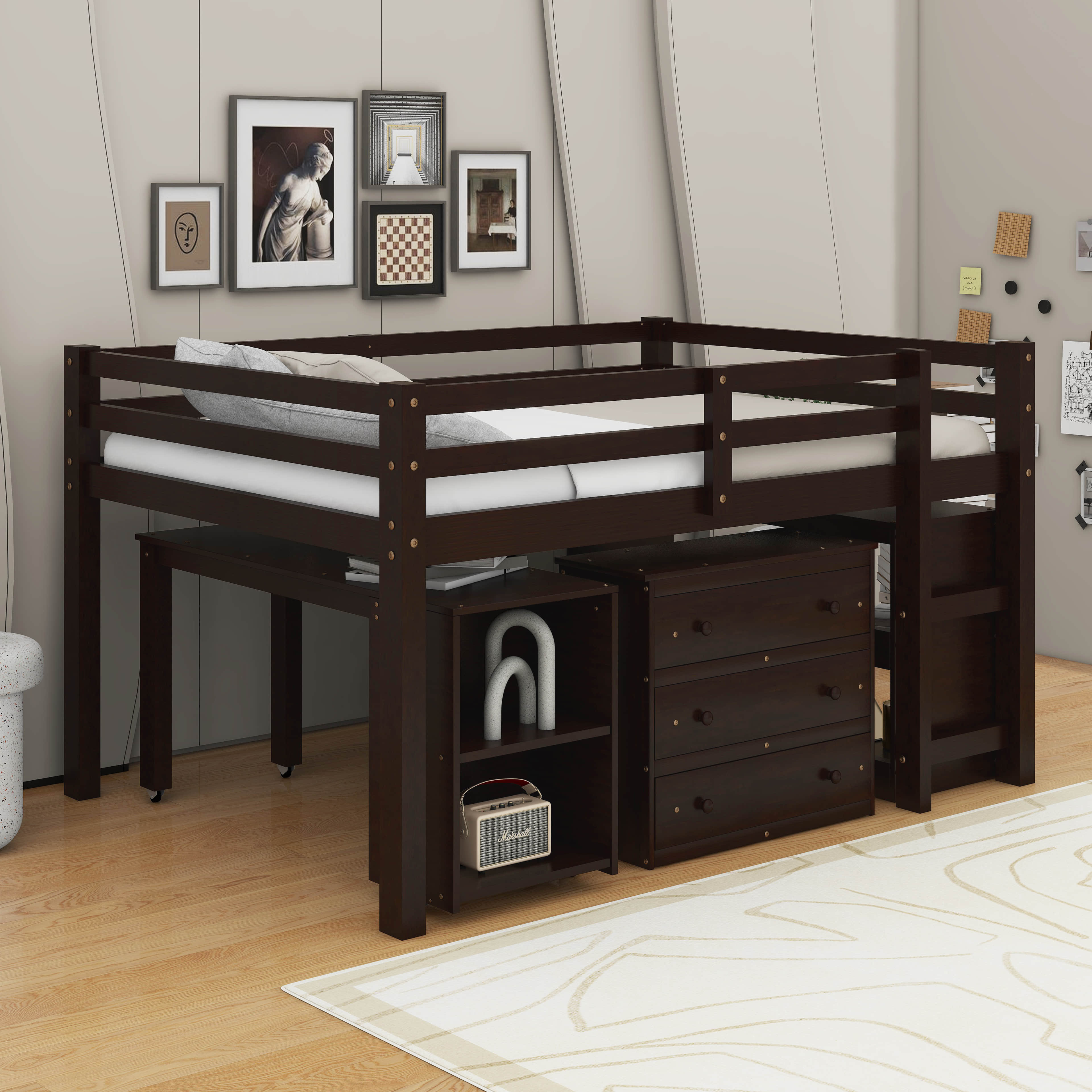 Latitude Run® Low Full Loft Bed With Cabinet ,Shelves And Desk,Multiple ...