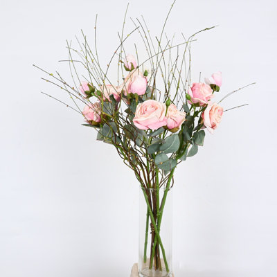 Artificial Spring Summer Peony Floral Arrangement In Glass Vase, Farmhouse Twig Greenery Foliage Long Stem Faux Flower For Dining Table Centerpieces, Home Office Wedding Party Decor