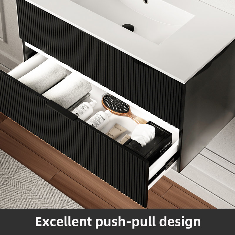 Bathroom Vanity Cabinet with Sink Black Wall Mounted Bathroom Vanities with Ceramic Sink Floating Fluted Sink Vanity with Drawers,Modern