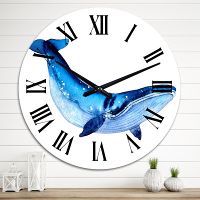 Baleine bleue sur fond blanc I - Horloge murale nautique et côtière