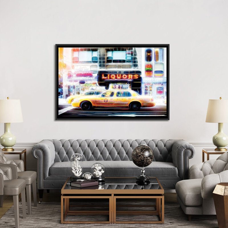 « liqueurs taxi » sur toile, H 18 po x l 26 po x P 1,5 po, Toile avec cadre noir, Pas de tapis
