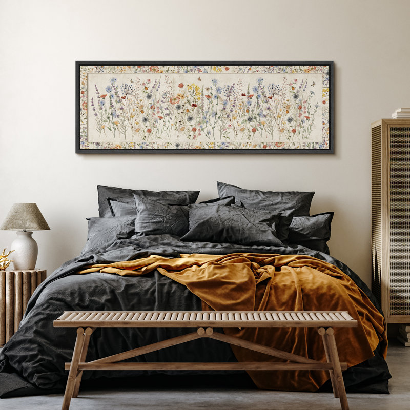 «Vibrant Wildflower Botanical Elegance», reproduction florale foncée encadrée, H 20 po x l 60 po, Noir, noir, noir, noir