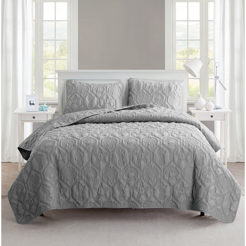 Shore 3-Piece Embossed Quilt Set, Gray, Queen Quilt + 2 Standard Shams