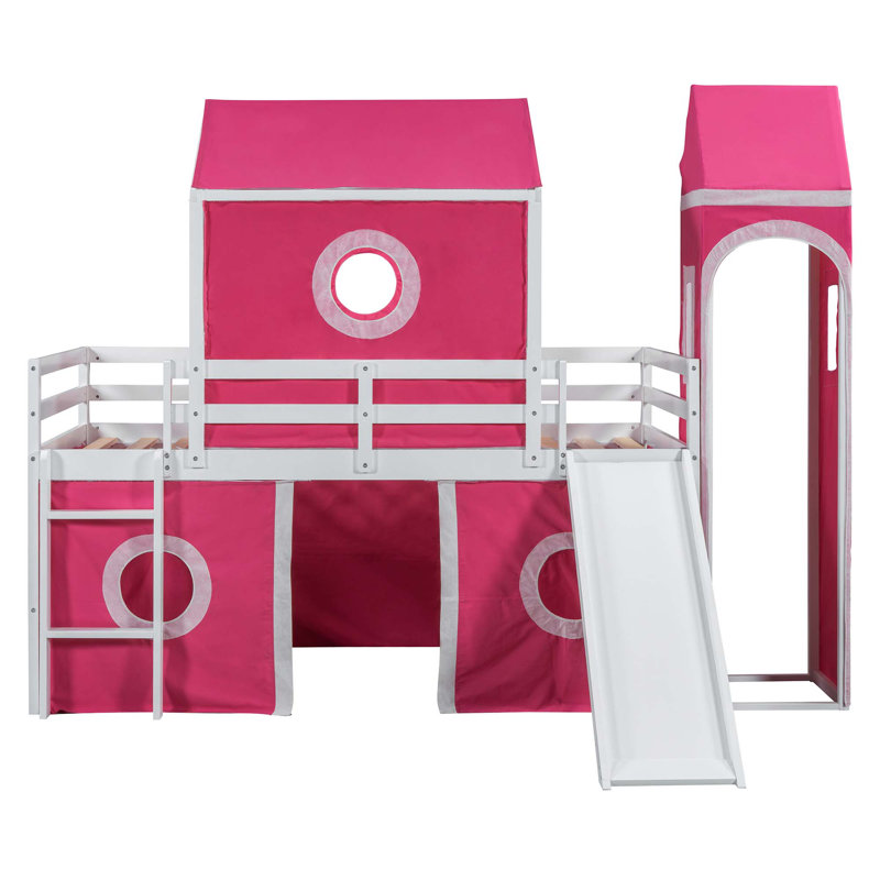 Lit mezzanine avec tente coulissante et tour, Simple, Rose