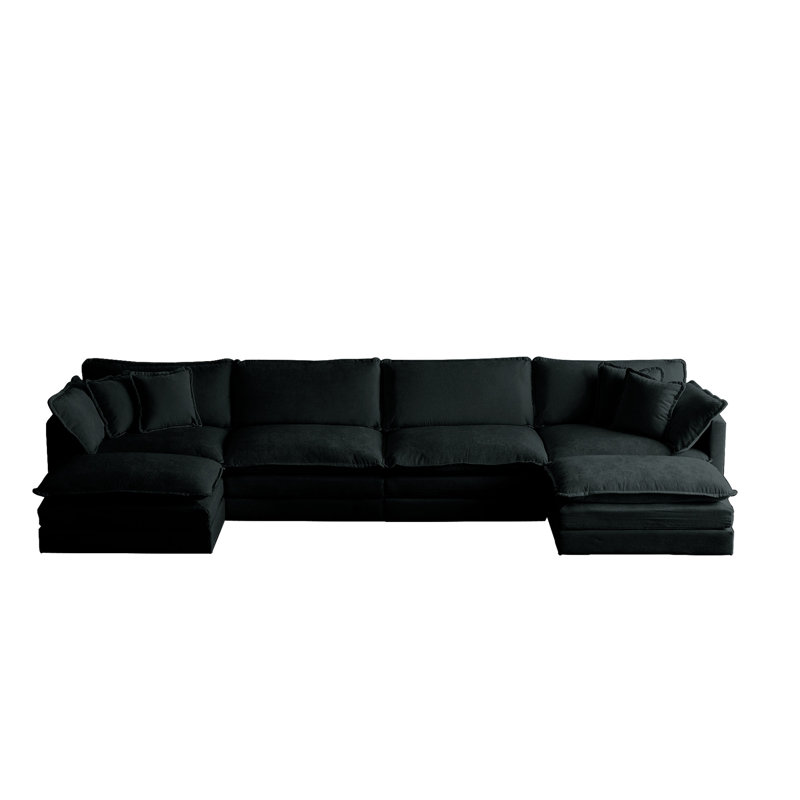 Canapé modulaire en U massif en forme de U en chenille noire avec porte-gobelets