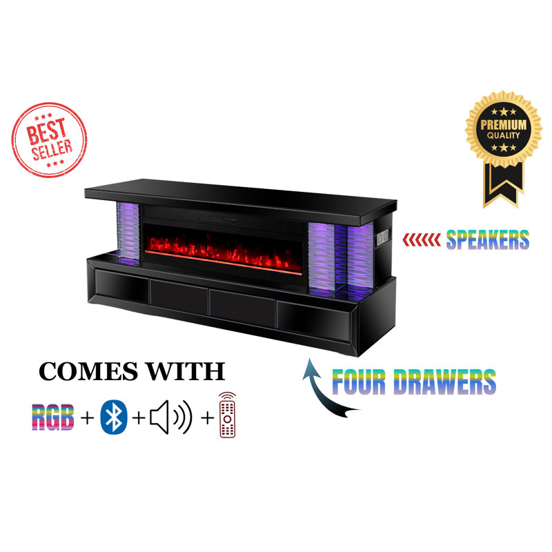 High-Gloss Tv Stand/Electric Fireplace With Drawers, Rgb Led Lights, Bluetooth Speaker, Remote-No Assembly Needed, Black