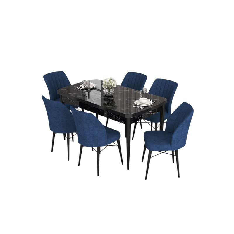 Ensemble de table et chaises de salle à manger extensible Modern (7 pièces), marbre noir et bleu marine | 100% panneau de fibres à densité moyenne avec pieds en bois, structure en métal | Table: 51,9 po x 30,7 po x 31 po (ouverture: 66,9 po) | Chaises ergonomiques avec mousse 22-28, conception élégante pour les salles à manger