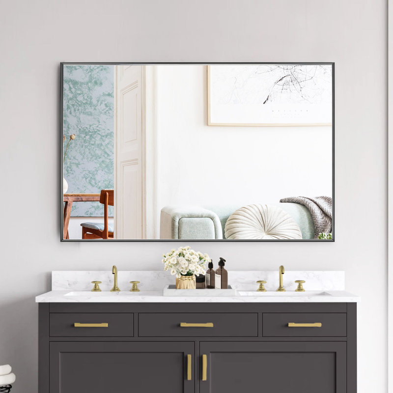 Modern & Contemporary Rectangle Bathroom Vanity Mirror Metal Framed Wall Mirror, Black, 36" x 55"