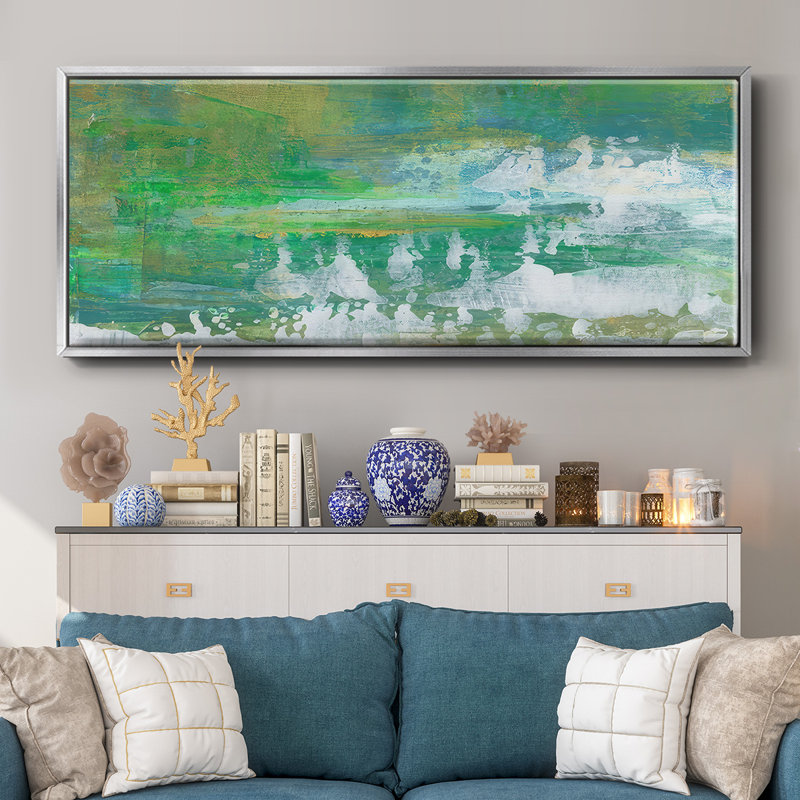 Chartreuse et turquoise I - toile encadrée, H 20 po x l 50 po x P 1,5 po, Argent