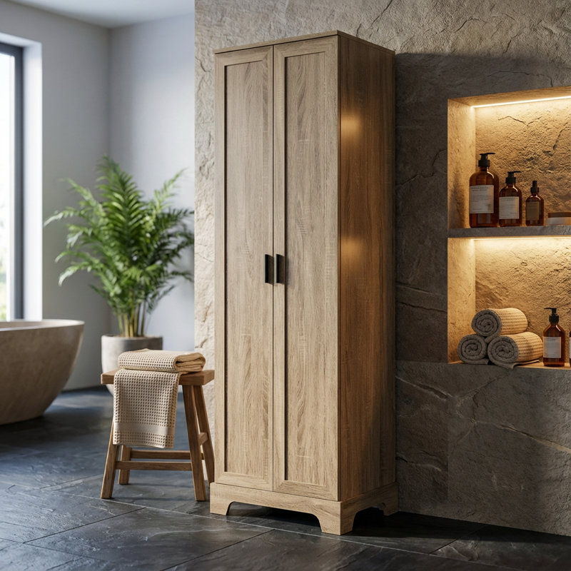 Armoire de rangement réglable à deux portes pour l'organisation de la salle de bain et du bureau, Brun