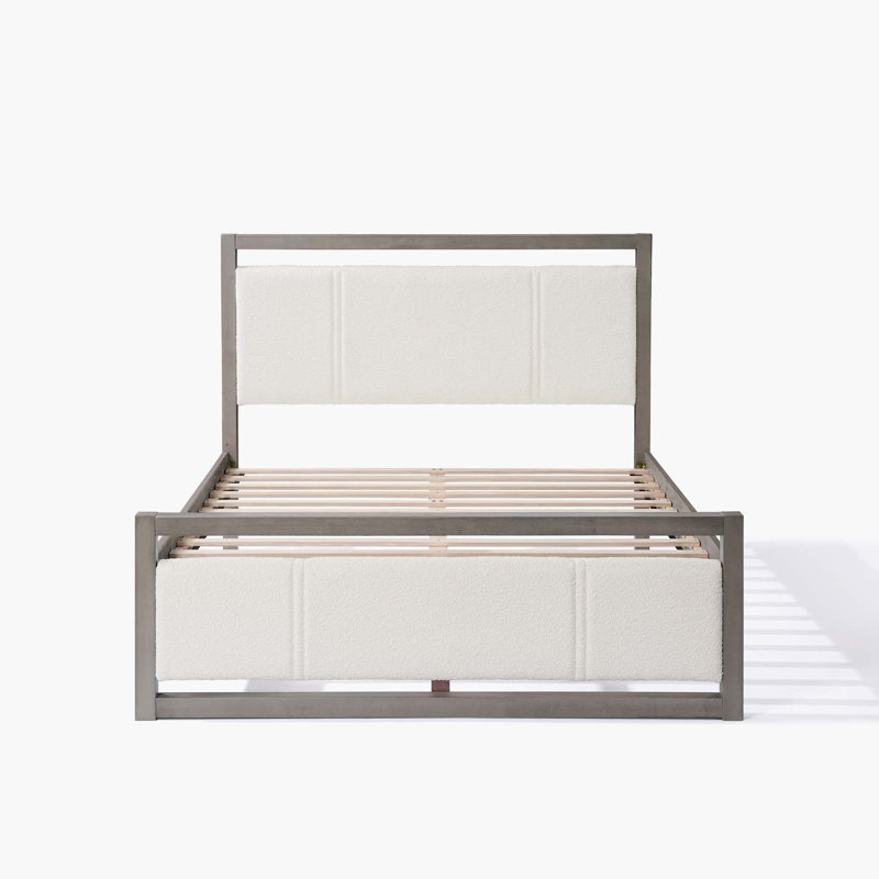 Queen Platform Bed with Ivory Boucle Fabric Headboard and Gray Wood Frame