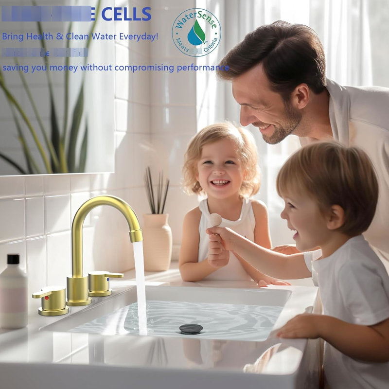 8 Inch 2 Handle Widespread Bathroom Faucet In Brushed Gold, 360 Swivel Spout, Lead - , Easy To Clean Surface, Suitable For Washroom And Rv Use 3 Hole Faucet, Gold Finish, Water Saving System,