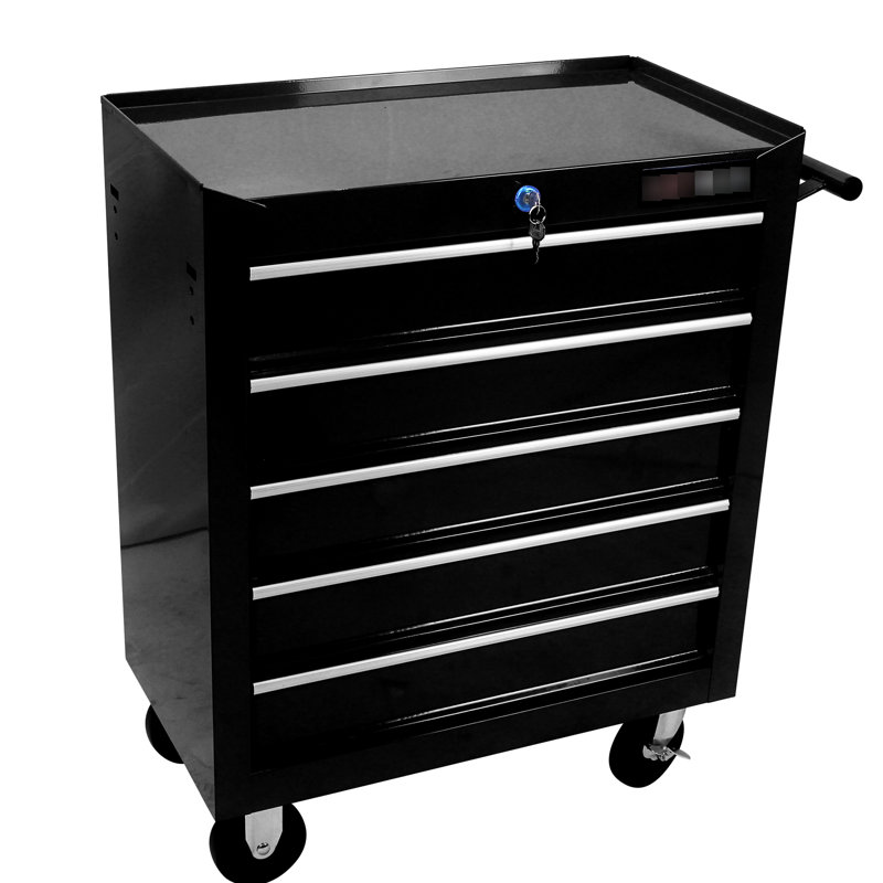 Armoire à outils à 5 tiroirs avec serrure et 4 roulettes pour faciliter le rangement dans le garage, roulettes noires verrouillables