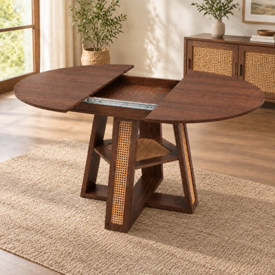 Table de salle à manger extensible ronde à ovale avec rallonge amovible et tablette de rangement