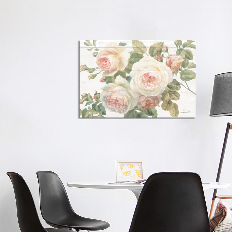 Vintage Roses White on Shiplap Crop 1 Piece Wrapped Canvas Painting, 101.6 cm H x 66.04 cm W