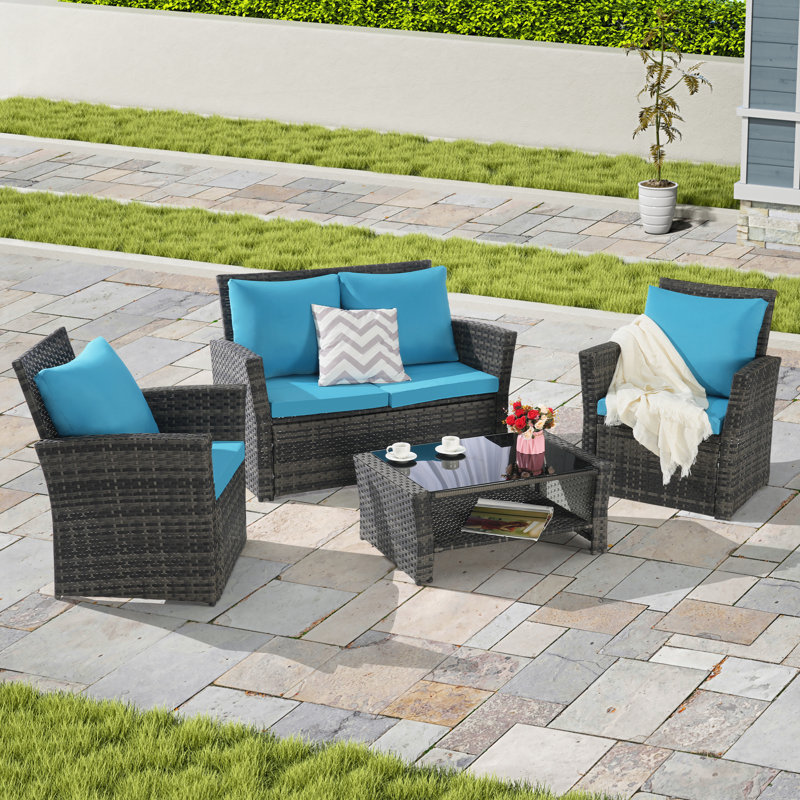 4 Pieces Outdoor Patio Furniture Sets Garden Rattan Chair Wicker Set with Ottoman & Tempered Glass Coffee Table Weather Resistant Cushion