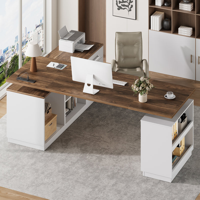 Bureau debout en L de 63 po avec tiroir et support pour moniteur, bureau de direction à hauteur réglable avec armoire de rangement et prise de courant