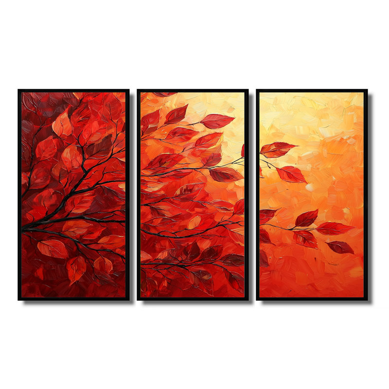 Automne, coucher de soleil et feuille d'érable I - feuilles, art mural - ensemble de 3, H 40 po x l 60 po, Noir