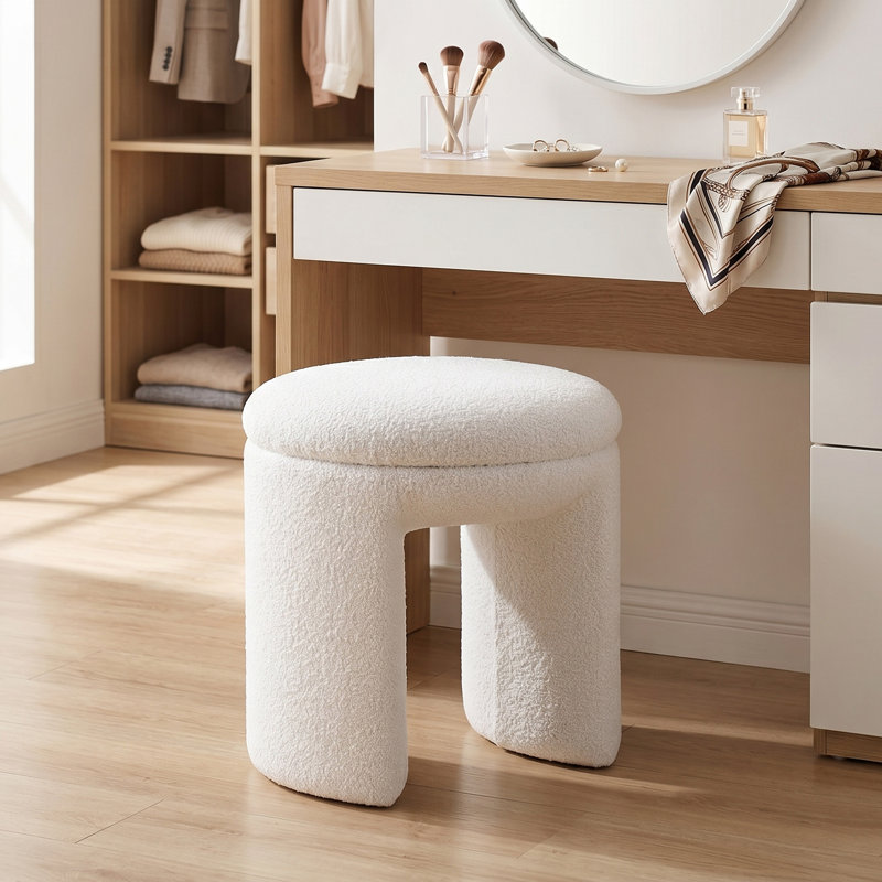Bowen 18"W Upholstered U-Shaped Accent Ottoman, Beige Faux Shearling Teddy Fabric
