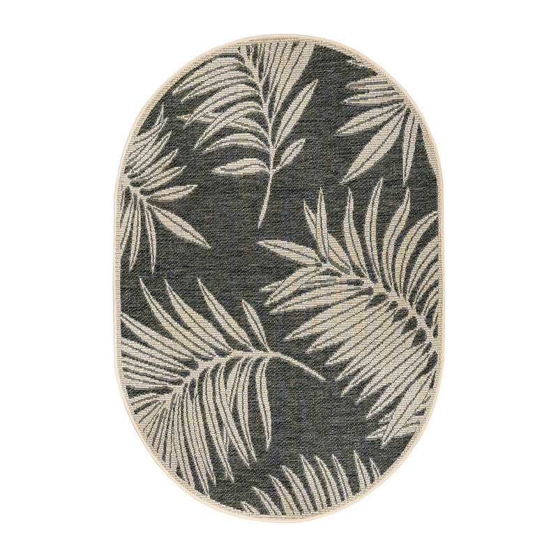 Tapis intérieur / extérieur bleu / gris / ivoire à motif floral Dowd, Ovale 5 pi x7 pi