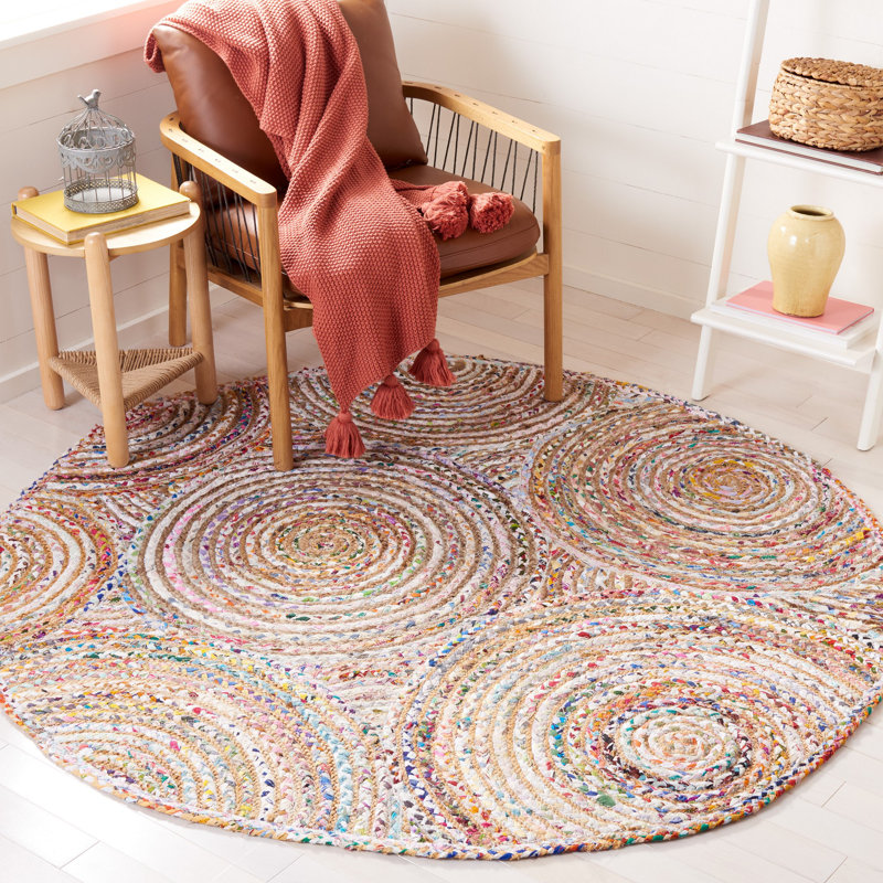 Demaio Hand-Woven Beige/White Area Rug, Round 6'