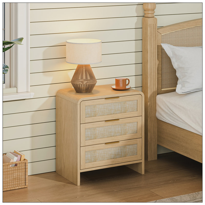 Table de chevet courbée en rotin avec 3 tiroirs pour la chambre à coucher, Individuel, Chêne