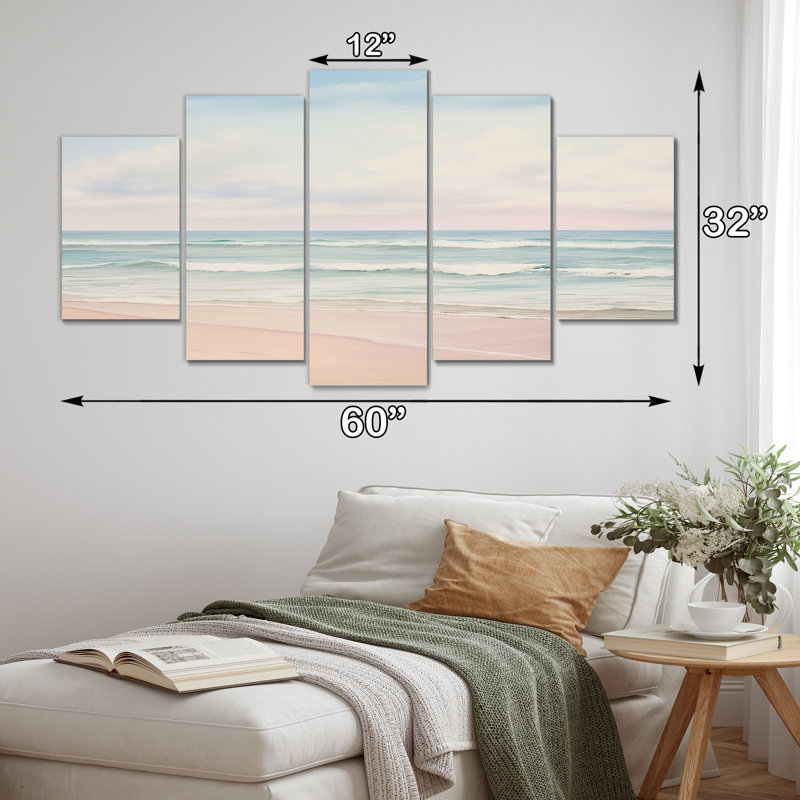«Ocean Tranquility Tender Pink Pastel Sunrise», reproduction d'art mural plage - 5 panneaux