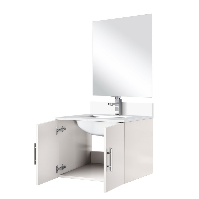 Meuble-lavabo blanc lustré 61 cm x 56 cm, comptoir et miroir en marbre, robinetterie incluse, résistant aux égratignures et aux taches.