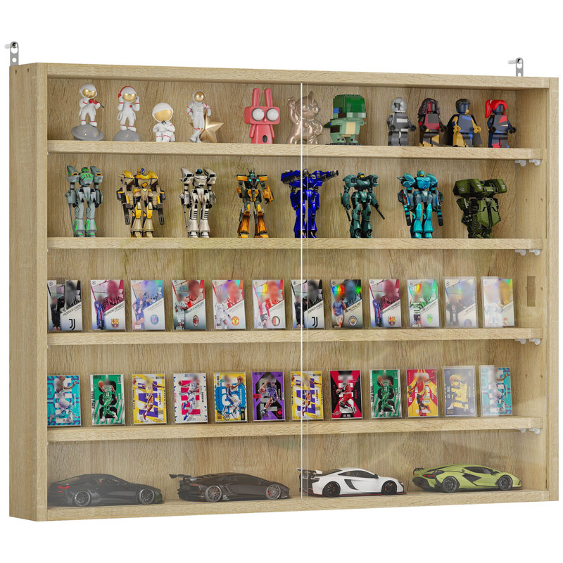 5-Storey Wall Shelf Display Cabinet, Shot Glass Display Case, Oak