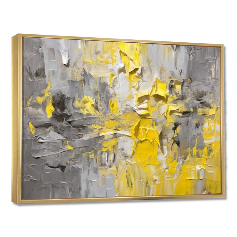 Intense réverbération jaune gris - art mural abstrait, Cadre flottant doré, H 12 po x l 20 po