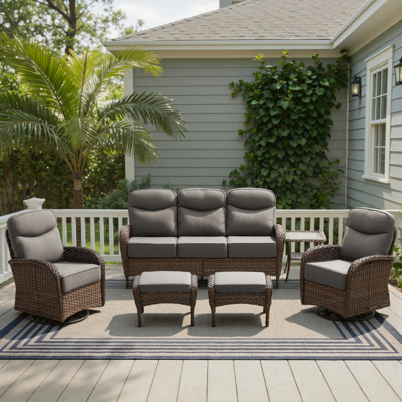 Alakai 6-Piece Outdoor Courtyard Wicker Family Conversation Set With Swivel Chairs And Coffee Table, Gray