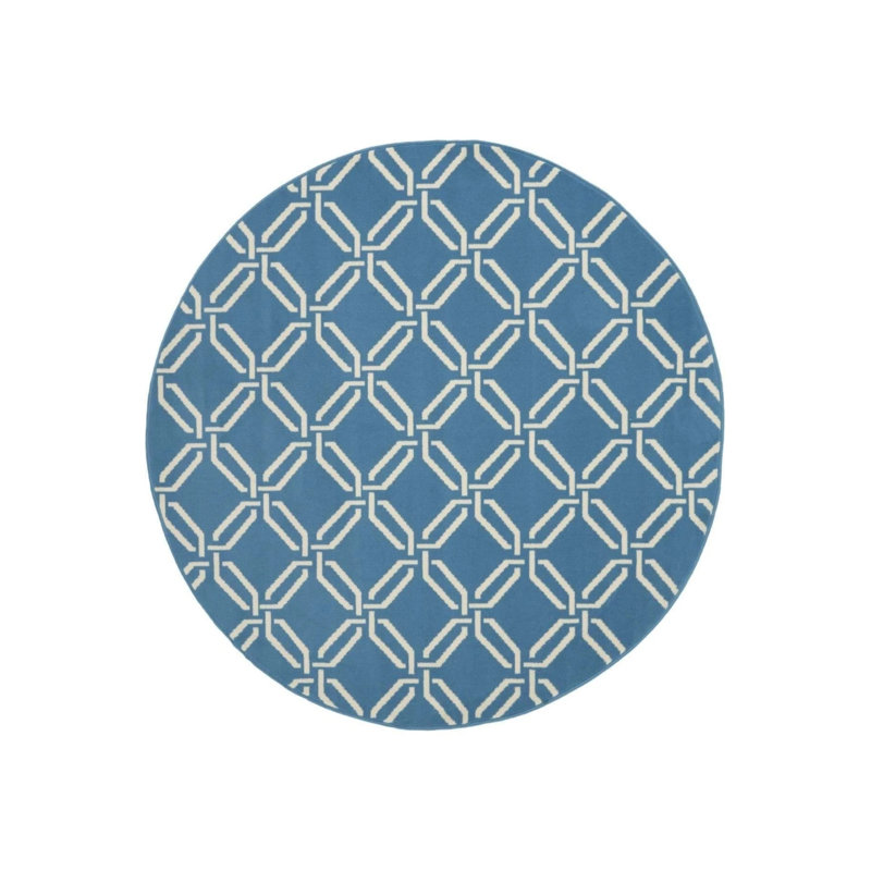 Blue White Geometric Modern Woven Base Round Carpet Izmir, Round 5'