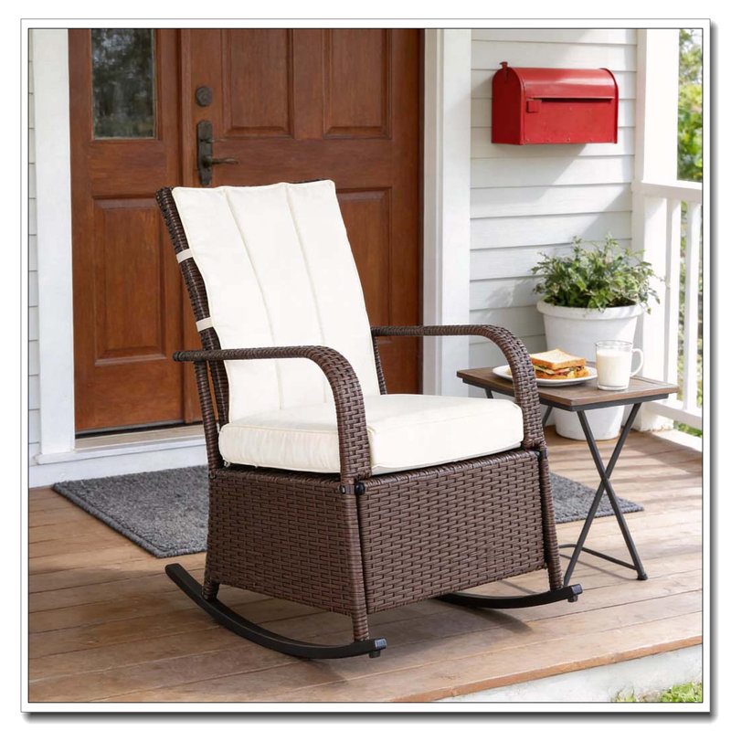 Chaise berçante réglable en rotin inclinable avec coussins moelleux, Blanc, Brun